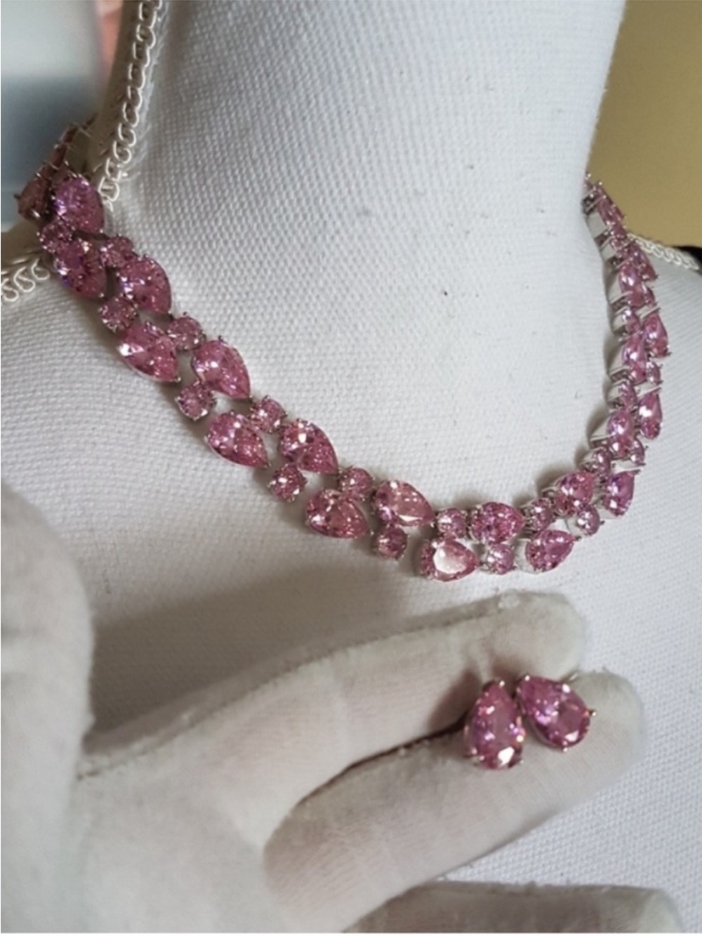 Swarovski Elements Pink Teardrop & Round Gemstone Statement Necklace & Studs NEW - Picture 11 of 17